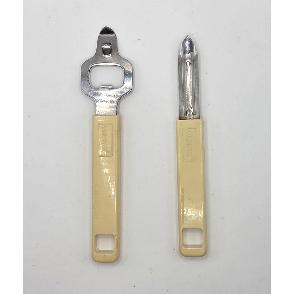 VTG Kamenstein Vegetable Peeler & Bottle Opener Church Key Tan Handle Lot of 2